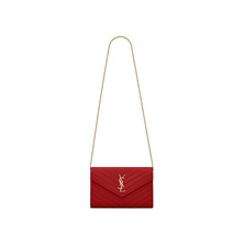 Saint Laurent Monogram Chain Wallet Matelasse Grain de Poudre Gold-tone Eros Red