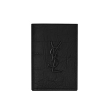 Saint Laurent Monogram Credit Card Wallet Crocodile Embossed Leather Black